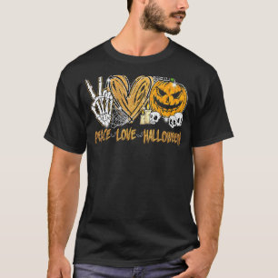 Camiseta Peace Love Halloween Scary Pumpkin Skull Spider Ba