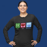 Camiseta Peace Love Hanukkah<br><div class="desc">Peace Love Hanukkah regalo para una persona judía a la que le gusta celebrar Chanukah. Una señal de paz de bonito,  corazón y una hermosa menorah.</div>