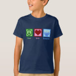 Camiseta Peace Love Hanukkah Cute Blue Kids<br><div class="desc">La camiseta de los niños de Peace Love Hanukkah para un niño judío al que le gusta celebrar Chanukah. Una señal de paz de bonito,  corazón y una hermosa menorah.</div>