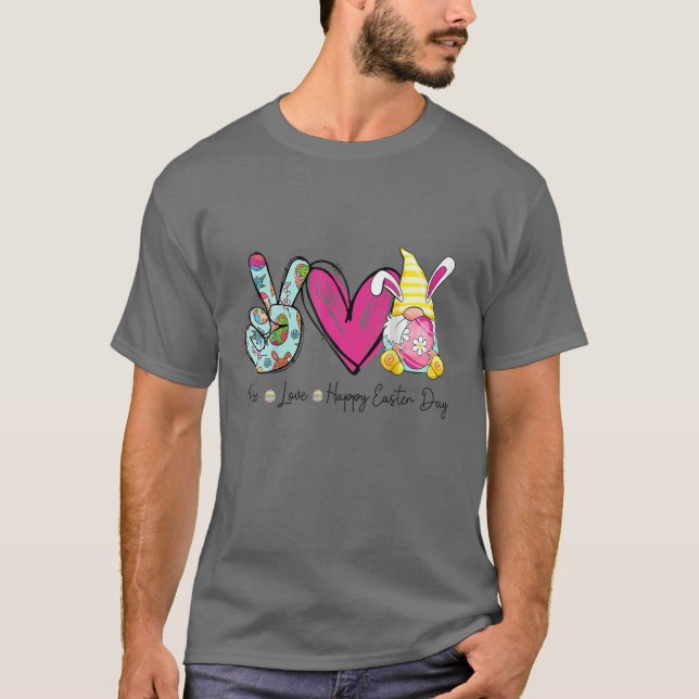 Camiseta Peace Love Happy Easter Gnomes Hug Eggings Hunting (Anverso)