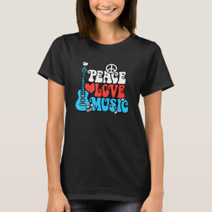 Camiseta Peace Love Music Retro Rock Roll Guitar Peace Symb