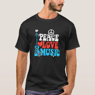 Camiseta Peace Love Music Retro Rock Roll Guitar Peace Symb