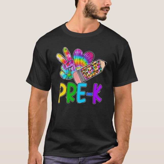 Camiseta Peace Love Pre K Tie Dye Leopardo Lápiz First Day (Anverso)