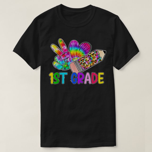 Camiseta Peace Love Primer grado Tie Dye Leopard Pencil (Diseño del anverso)