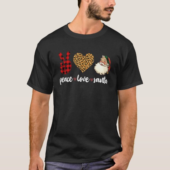 Camiseta Peace Love Santa Leopard Buffalo Plaid Christmas (Anverso)