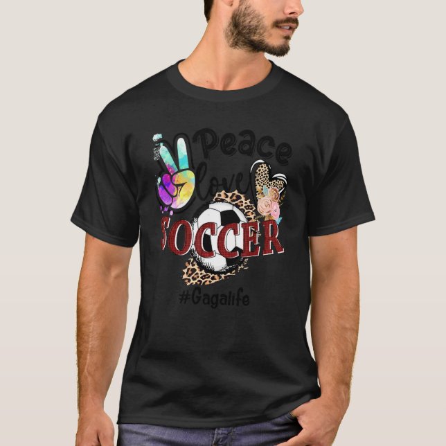 Camiseta Peace Love Soccer Gaga Life Mom Grandma Leopardo (Anverso)