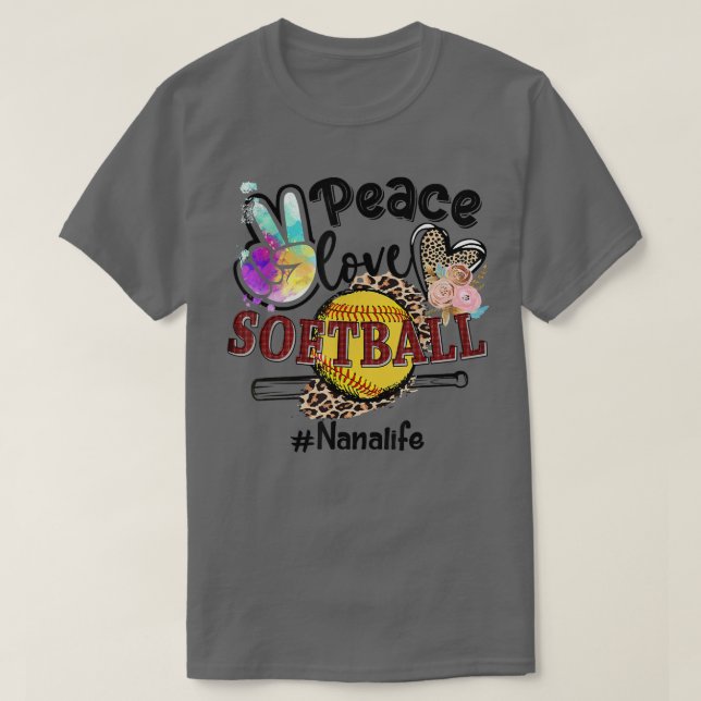 Camiseta Peace Love Softball Nana Life Mom Grandma Leopard  (Diseño del anverso)