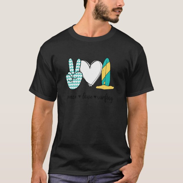 Camiseta Peace Love Surfing Peace Hand Rótulo Surfing (Anverso)