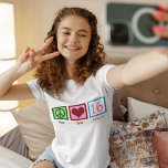 Camiseta Peace Love Sweet 16 Cute 16th Birthday Chica<br><div class="desc">Un lindo regalo de camiseta de cumpleaños 16 para un chica adolescente que tiene una gran fiesta de cumpleaños 16. Señal de paz,  corazón,  y el número 16. Paz Amor Dulce Dieciséis en bonito rosa y azul.</div>