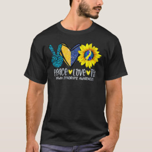 Camiseta Peace Love T21 Blue Yellow Ribbon Down Syndrome w
