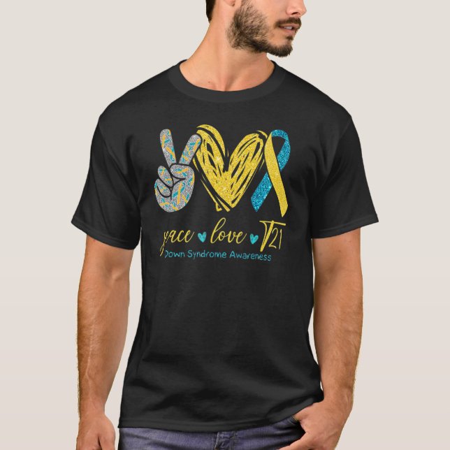 Camiseta Peace Love T21 Blue Yellow Ribbon Down Syndrome w (Anverso)