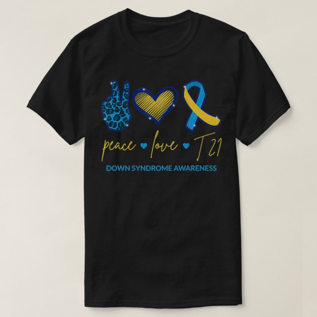 Camiseta Peace Love T21 Blue Yellow Ribbon Down Syndrome w (Diseño del anverso)