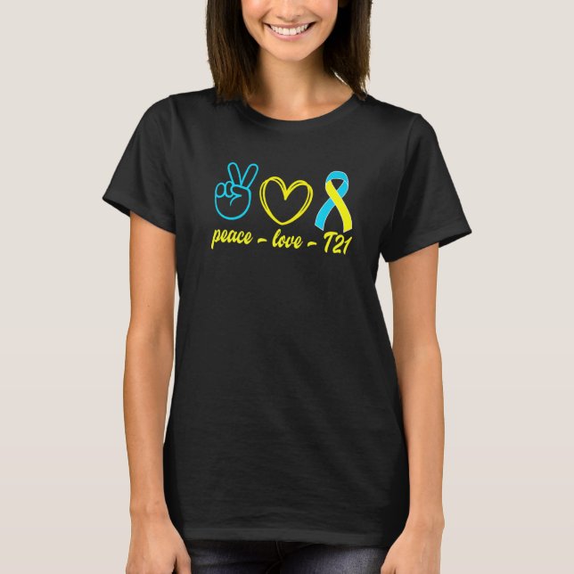 Camiseta Peace Love T21 Yellow Blue Ribbon Down Syndrome Aw (Anverso)