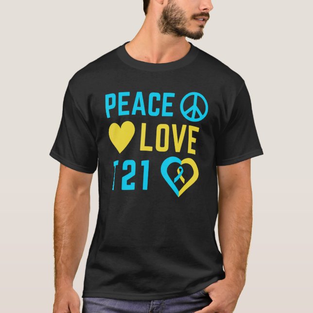 Camiseta Peace Love T21 Yellow Blue Ribbon Down Syndrome Aw (Anverso)