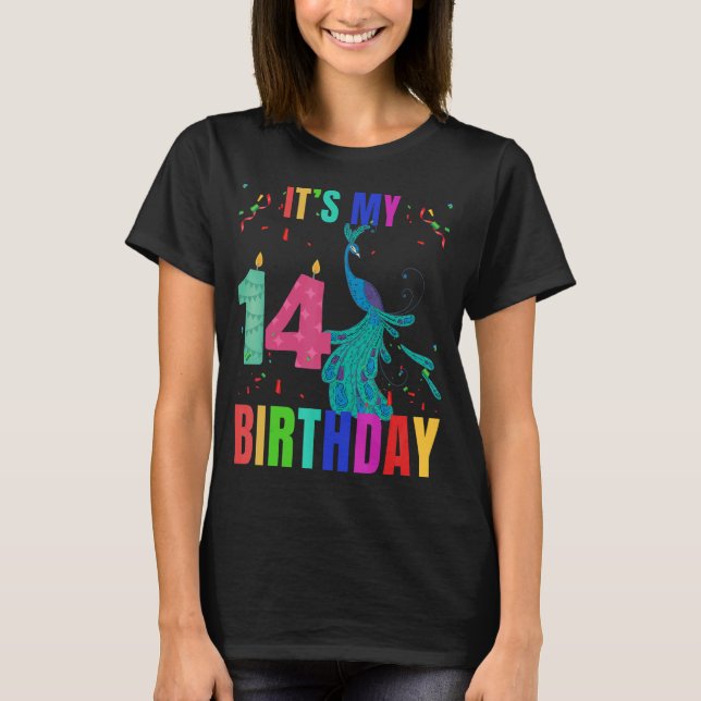 Camiseta Peacock 14th Birthday Cute Birds Animal Graphic (Anverso)