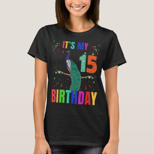 Camiseta Peacock 15th Birthday Cute Birds Animal Graphi (Anverso)