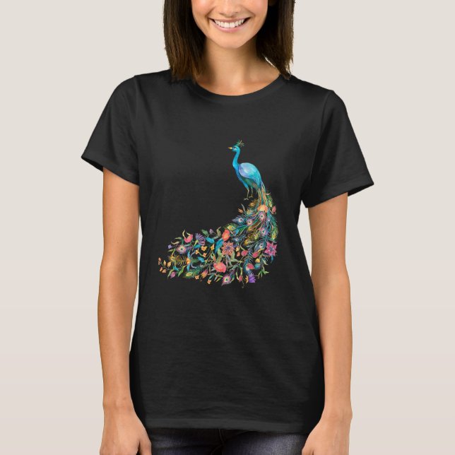 Camiseta Peacock Graphic Blue Teal Floral Tail Feathers Bir (Anverso)
