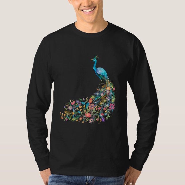 Camiseta Peacock Graphic Blue Teal Floral Tail Feathers Bir (Anverso)