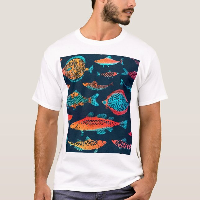 Camiseta Peces acuarelas: Azul profundo sin foco (Anverso)