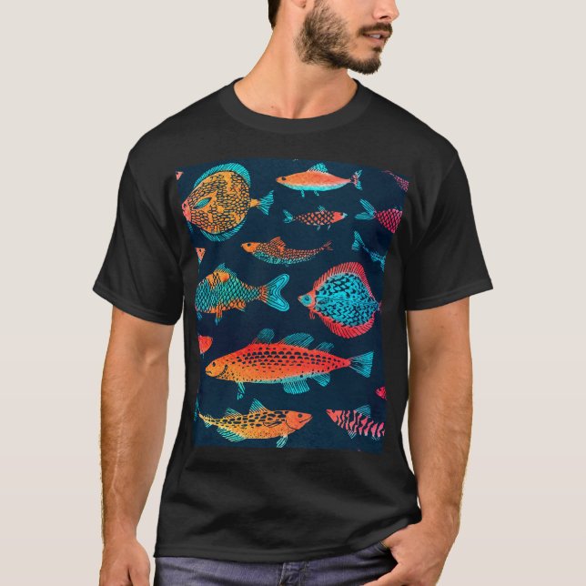 Camiseta Peces acuarelas: Azul profundo sin foco (Anverso)