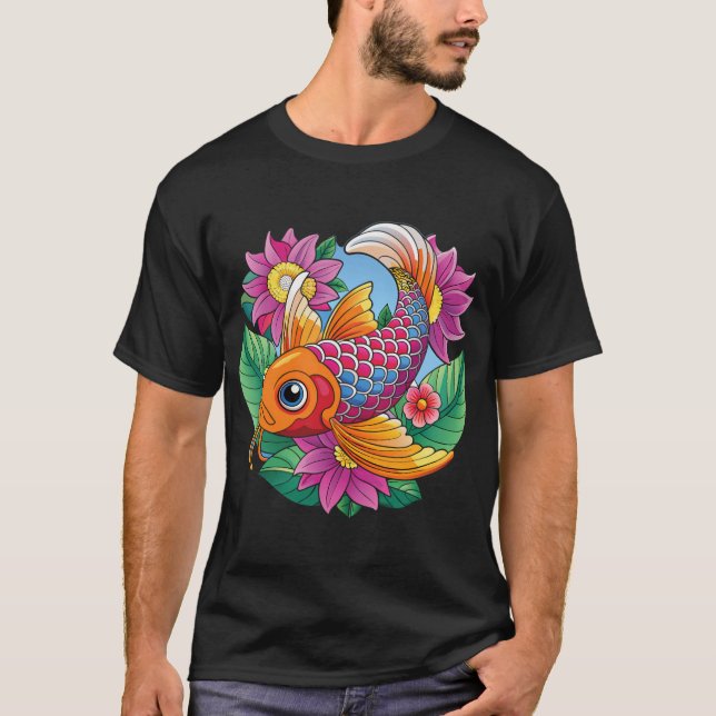 Camiseta peces Koi coloridos con flores (Anverso)