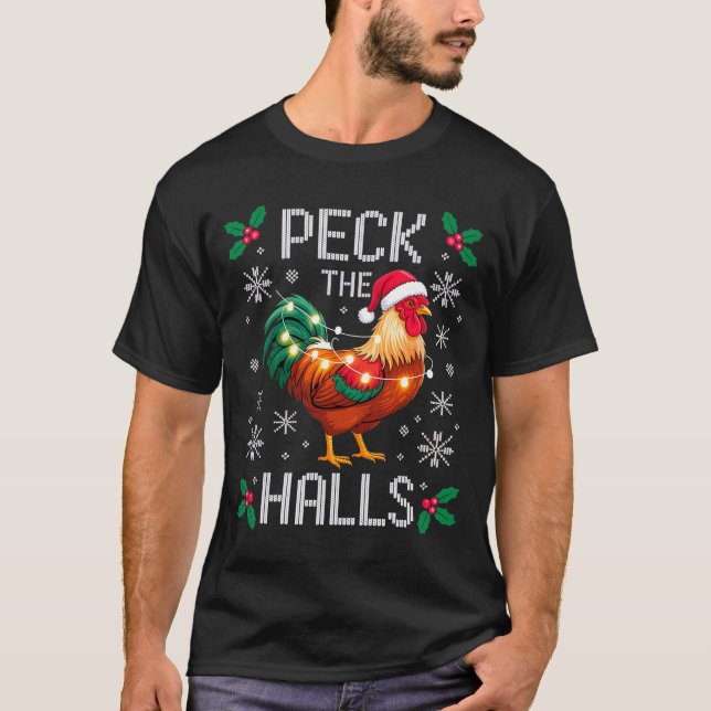 Camiseta Peck The Halls Chicken Christmas Lights Snowflakes (Anverso)