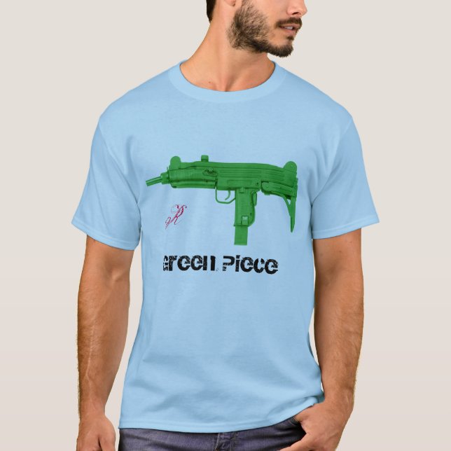 Camiseta pedazo del verde de la diversión del uzi, R (Anverso)