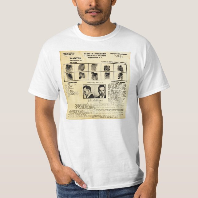 Camiseta Pedido de DOJ Identifcation John Dillinger 1217 (Anverso)