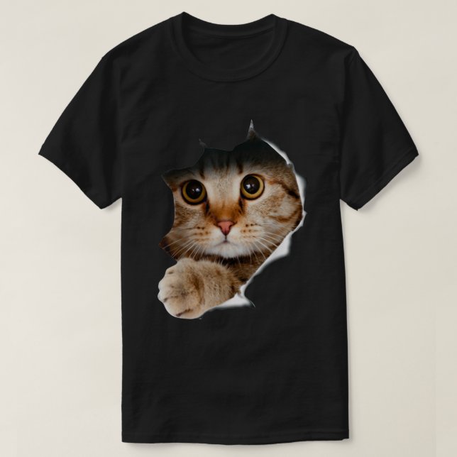 Camiseta Peekaboo Cat Torn Fabric 3D Realistic Art (Diseño del anverso)