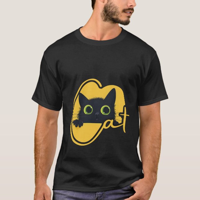 Camiseta Peeking Black Cat: Big Green Eyes Feline Design (Anverso)