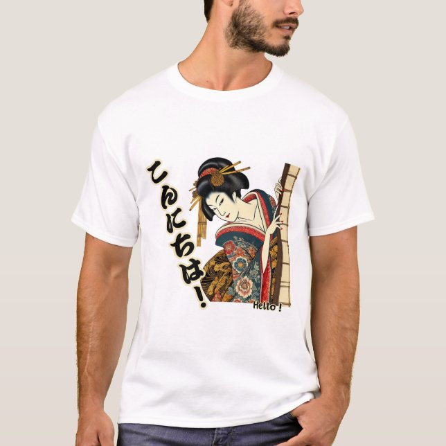 Camiseta Peeking Ukiyo-e geisha - Konnichiwa! (Anverso)
