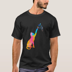 Camiseta Pega Gato De Color Acuático De Gato Y Mariposa Con