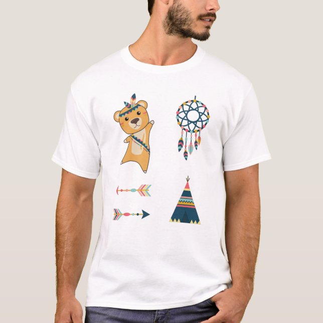 Camiseta Pegatina de oso amarillo indio Set Teepee (Anverso)