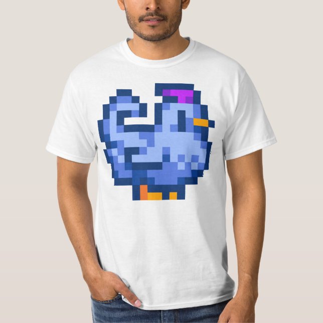 Camiseta Pegatina de pollo azul de Stardew Valley Shane&x27 (Anverso)