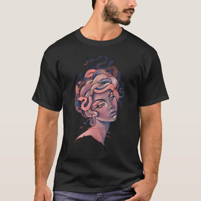 Camiseta Pegatina del retrato de Medusa azul y coral (Anverso)