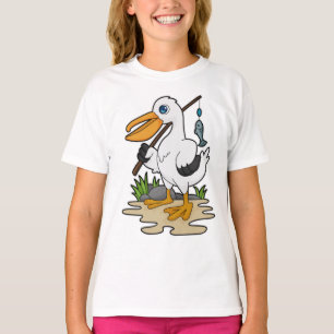 Camiseta Pelícano como pescador con barra de pesca y pescad