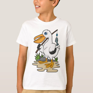 Camiseta Pelícano como pescador con barra de pesca y pescad