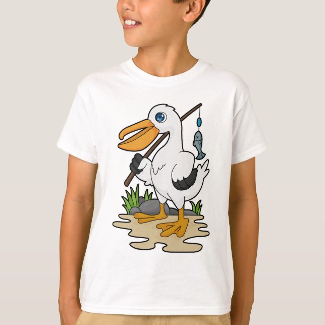 Camiseta Pelícano como pescador con barra de pesca y pescad (Anverso)