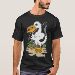 Camiseta Pelícano como pescador con barra de pesca y pescad