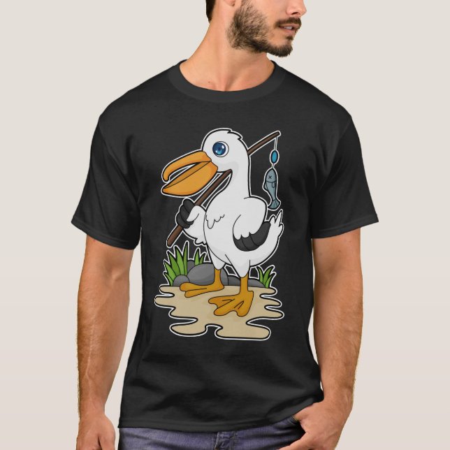 Camiseta Pelícano como pescador con barra de pesca y pescad (Anverso)