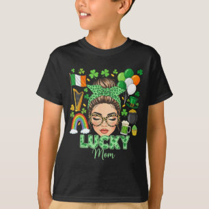 Camiseta Pelo de moño desordenado suerte mamá tréboles día