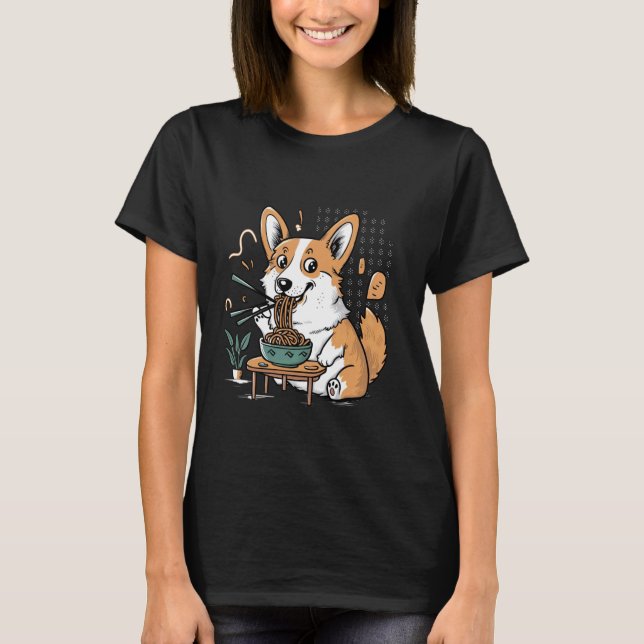 Camiseta Pembroke Divertido Welsh Corgi Perro Comiendo Rame (Anverso)