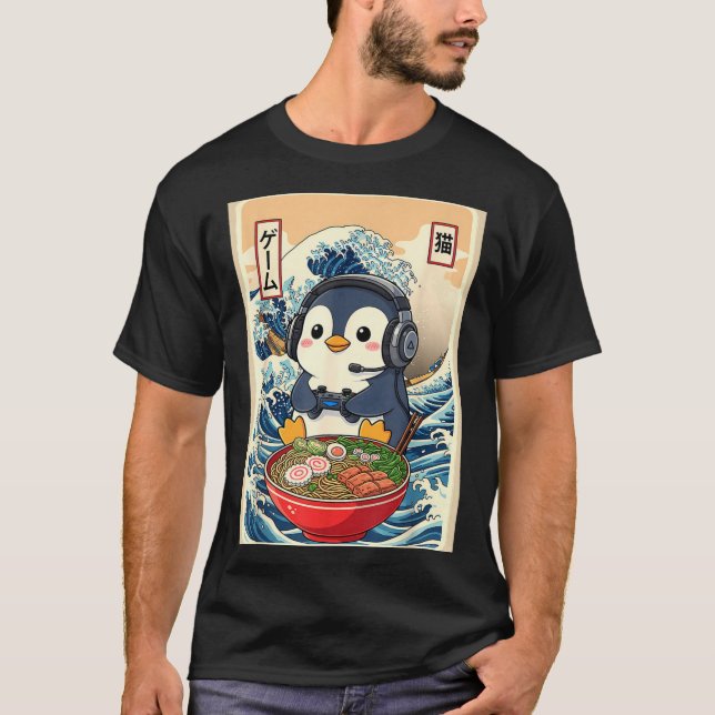 Camiseta Penguin Kawaii Japanese Ramen Noodle Retro Gaming  (Anverso)