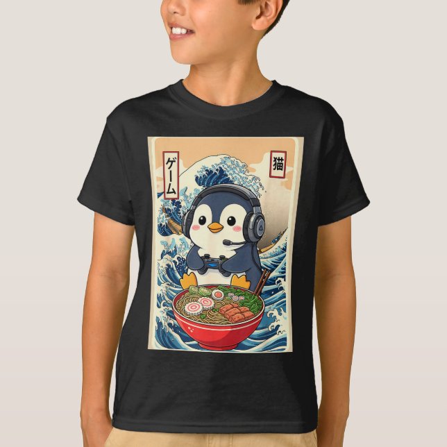 Camiseta Penguin Kawaii Japanese Ramen Noodle Retro Gaming  (Anverso)
