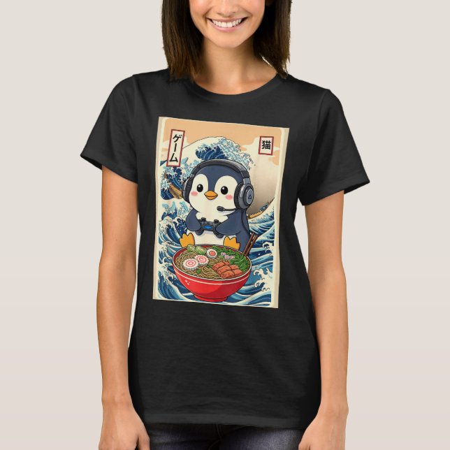 Camiseta Penguin Kawaii Japanese Ramen Noodle Retro Gaming  (Anverso)