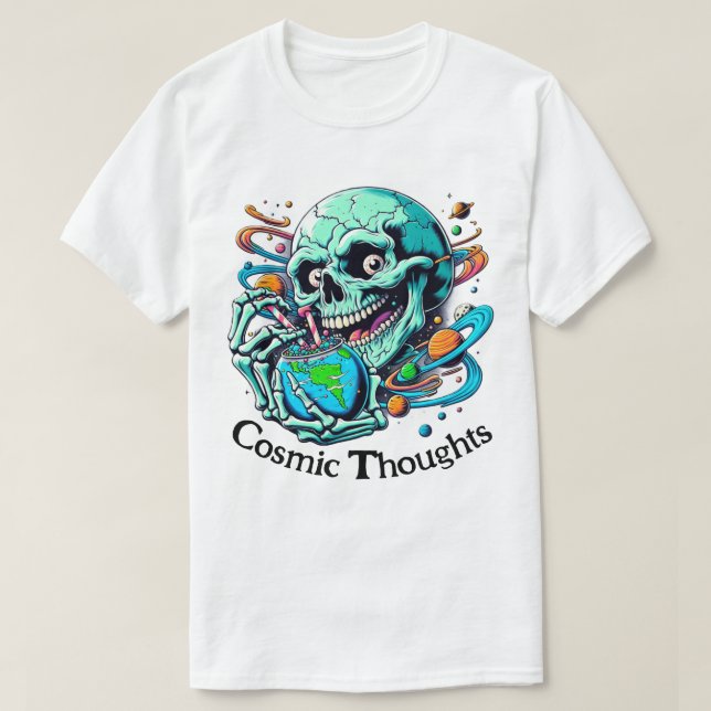 Camiseta Pensamientos cósmicos" Cráneo vibrante y tierra (Diseño del anverso)