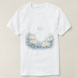 Camiseta Peonías blancas acuarela Luna creciente celestial