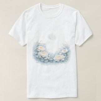 Camiseta Peonías blancas acuarela Luna creciente celestial