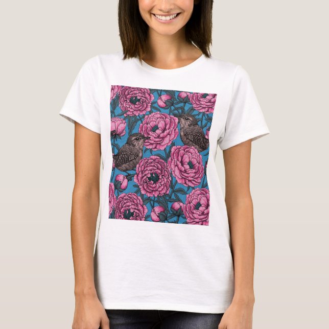 Camiseta peonías rosadas y venas sobre azul (Anverso)