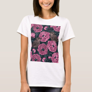 Camiseta peonías rosadas y venas sobre gris oscuro